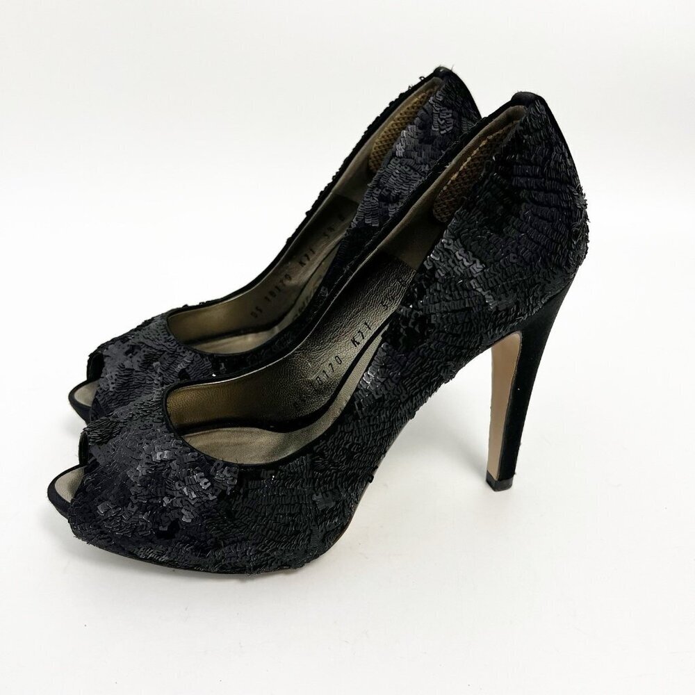 salvatore ferragamo Black Sequins Embellished And Satin Peep Toe Platform Pumps